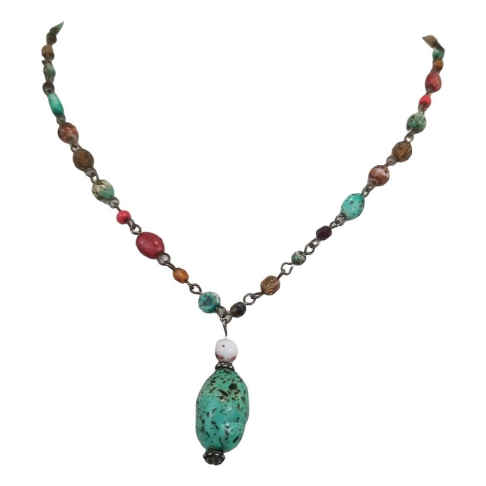 Napier Vintage Faux Turquoise Necklace Pendant Metal Beaded Gemstone S17